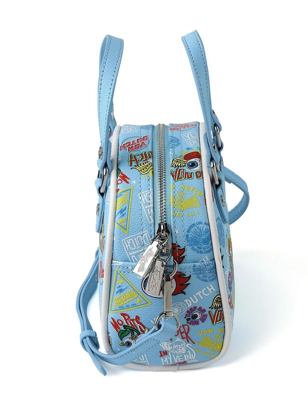 Von Dutch Light Blue Dome Satchel with Multicolor Logo Print